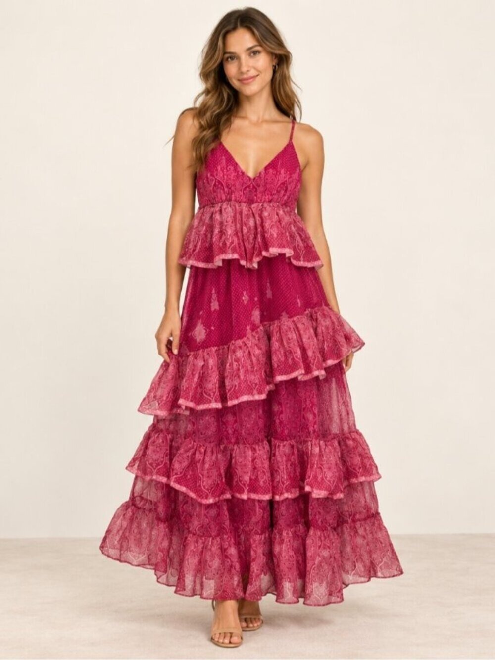 Let Me Be Pink Paisley Tiered Ruffle Maxi Dress XS 0862